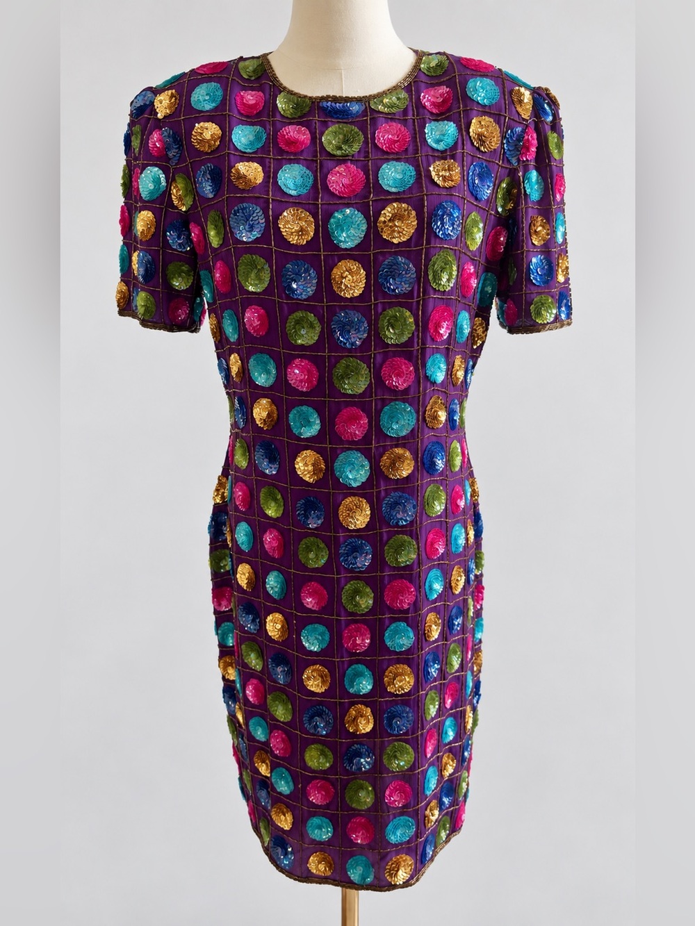 Vintage Leslie Fay Silk Multi-Color Sequin Grid Dress 10